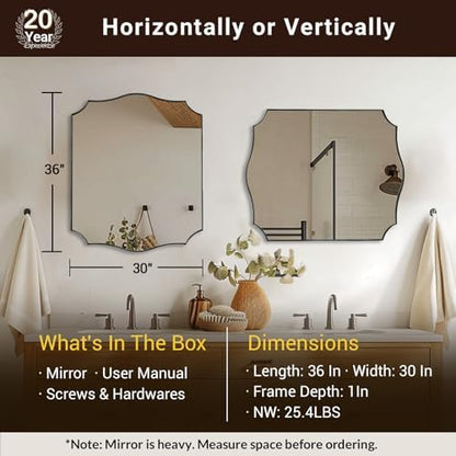 ANDY STAR 30x36 Inch Brushed Nickel Bathroom Mirror, Scalloped Mirror for Bathroom Vanity, Modern Silver Mirror in Anti-Rust Stainless Steel Frame, Elegant Curved Scallop Design Ideal for Home Remodel