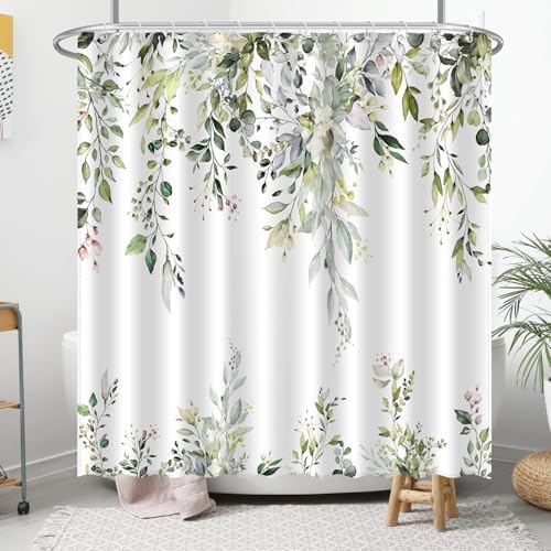 Eucalyptus Shower Curtain, Aesthetic Art Watercolor Plant Leaves with Floral Bathroom Decor, Waterproof Fabric Cloth Bath Curtain Set with Hooks (Green, 72" W x 72" L)