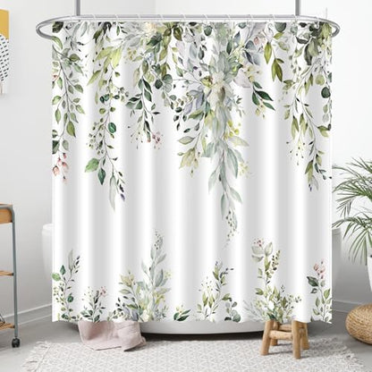 Eucalyptus Shower Curtain, Aesthetic Art Watercolor Plant Leaves with Floral Bathroom Decor, Waterproof Fabric Cloth Bath Curtain Set with Hooks (Green, 72" W x 72" L)
