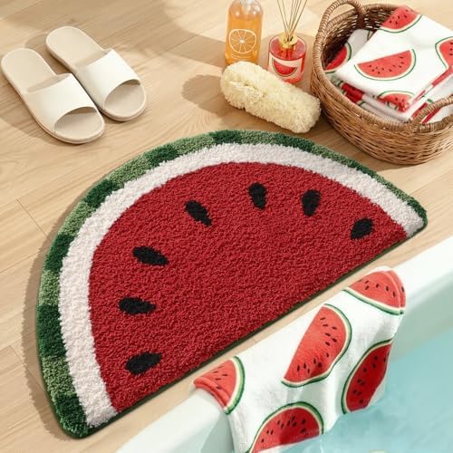 DEXI Cute Watermelon Bath Mat, Half Round Fruit Bathroom Rugs 36x20