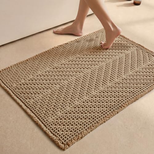 Sunfly Boho Bathroom Rug, Herringbone Waffle Bath Mat Non-Slip Washable Super Absorbent Quick Dry, Farmhouse Bath Mat for Bathroom Floor Decor 24"*36" Khaki