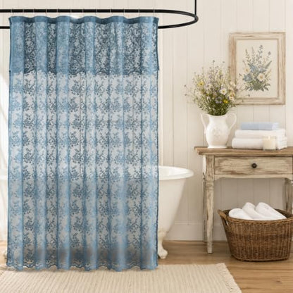 Slate Blue Lace Shower Curtain 72x84 Inch, Extra Long 84 Inches Long