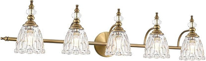Brushed Antigue Brass Bathroom Light Fixtures, 5 Lights Vanity Light with Flower Glass Shade, Bathroom Vanity Light Over Mirror, Vintage Sconces Wall Lighting for Hallway Livingroom Bedroom