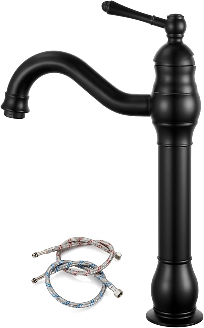 gotonovo Vessel Sink Faucet 360° Swivel Spout Single Handle Tall Bathroom Faucet 1 Hole Farmhouse Lavatory Washbasin Mixer Tap Matching Supply Hoses, Without Pop Up Drain, Matte Black