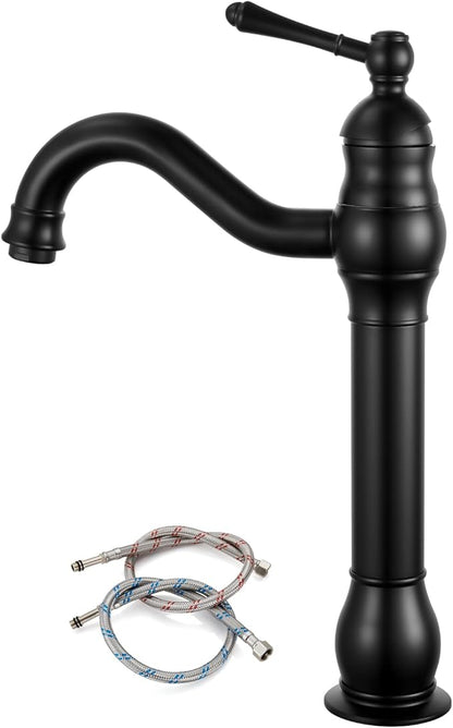 gotonovo Vessel Sink Faucet 360° Swivel Spout Single Handle Tall Bathroom Faucet 1 Hole Farmhouse Lavatory Washbasin Mixer Tap Matching Supply Hoses, Without Pop Up Drain, Matte Black