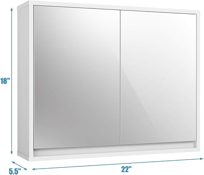 Tangkula Bathroom Medicine Cabinet, 2-Tier Wall-Mounted Storage Cabinet with Double Mirror Doors, Multipurpose Kitchen Bathroom Medicine Storage Cabinet, White (22" x 18")