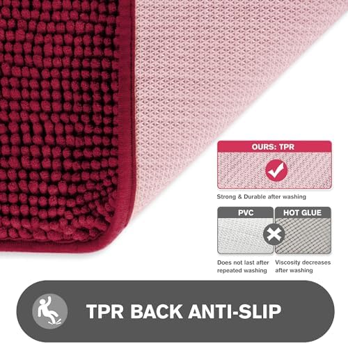 Vivid Burgundy Bathroom Rugs – Absorbent and Washable Bath Mat, Non-Slip, Thick Soft Chenille Bath Rugs for Bathroom Floor, Shower, Sink - 24" x 36"