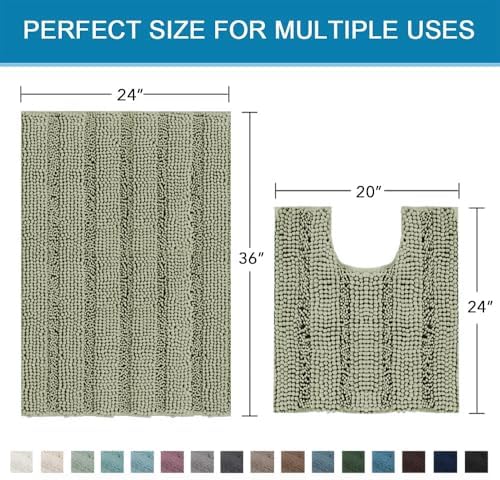 H.VERSAILTEX Bathroom Rug Sets 2 Piece Bath Mats Non Slip Thick Soft Chenille Striped Bath Rug achine Washable Shower Floor Rugs for Tub, Shower and Floor (Eucalyptus Green, 36"x24" Plus 20"x24" U)