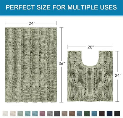 H.VERSAILTEX Bathroom Rug Sets 2 Piece Bath Mats Non Slip Thick Soft Chenille Striped Bath Rug achine Washable Shower Floor Rugs for Tub, Shower and Floor (Eucalyptus Green, 36"x24" Plus 20"x24" U)