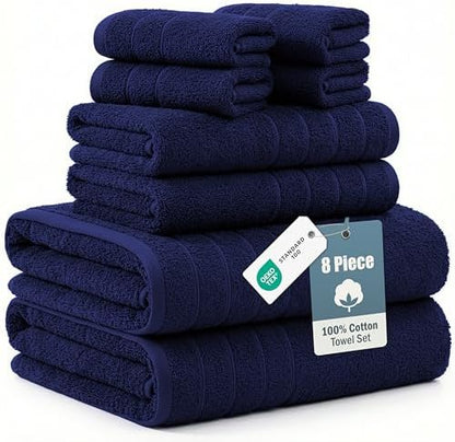 Casa Platino Towel Set for Bathroom Soft Absorbent Quick Dry 8 Piece - Navy