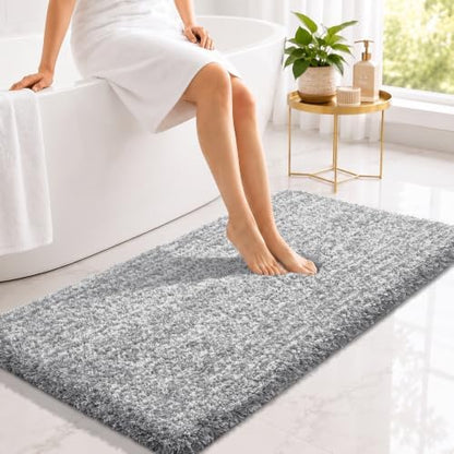 Yimobra Long Bathroom Rug 47" X 24", Super Absorbent Bath Mat, Quick Dry, Luxury Non-Slip Bath Rugs for Tub Side, Double Sink Vanity, Machine Washable, Home Decor Accessories, Light Gray and White