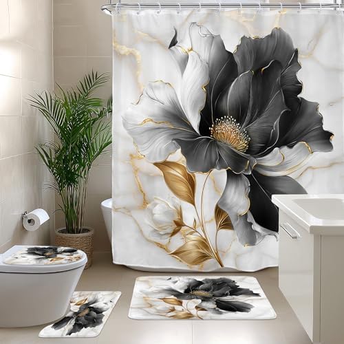 Black Gold Floral Abstract 4Pcs Bathroom Shower Curtain Set with Rugs