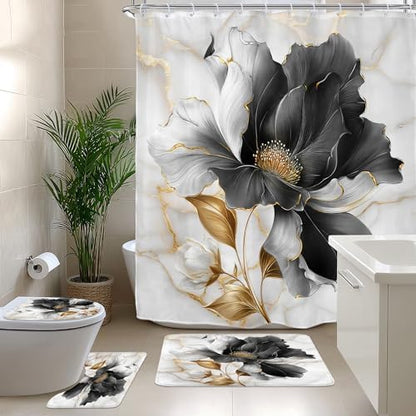 Black Gold Floral Abstract 4Pcs Bathroom Shower Curtain Set with Rugs