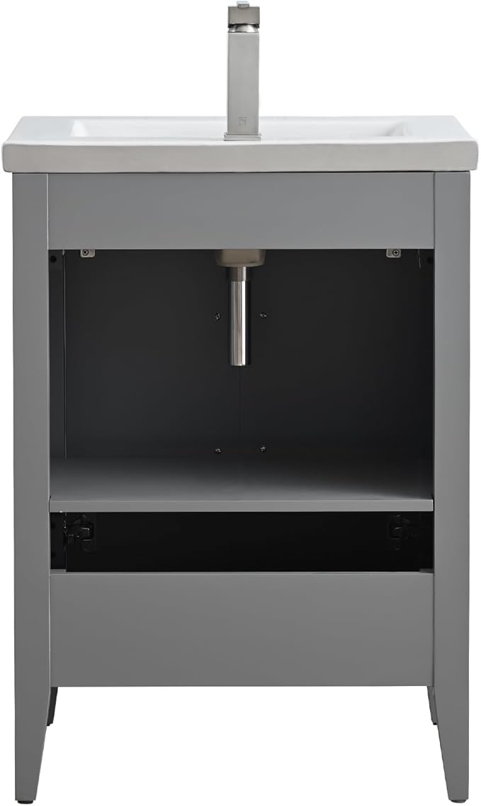 Vanity Art 24 inch Bathroom Vanity with Single Sink & Ceramic Top, Vanity Cabinet with Soft-Closing Doors, Solid Wood Frame, Cashmere Gray, VA9024-G-MB1