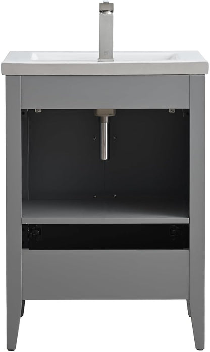 Vanity Art 24 inch Bathroom Vanity with Single Sink & Ceramic Top, Vanity Cabinet with Soft-Closing Doors, Solid Wood Frame, Cashmere Gray, VA9024-G-MB1