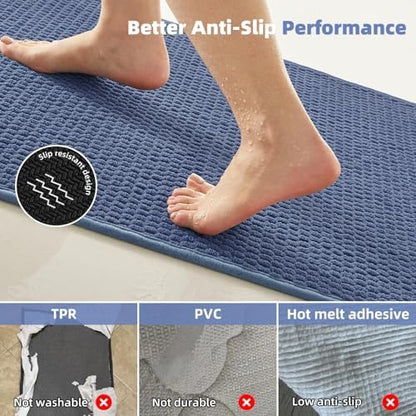 TYUU Bathroom Rugs Non Slip Washable, Super Absorbent Thin Bath Mat Small Quick Dry Low Pile Bathroom Rug, Denim Blue 16"x24"