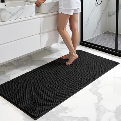 SUBRTEX Bathroom Rugs, 24" x 55" Chenille Bath Rug Soft Short Plush Bath Mat Soft Shower Mat Water Absorbent Shower Mat Quick Dry Machine Washable, Black