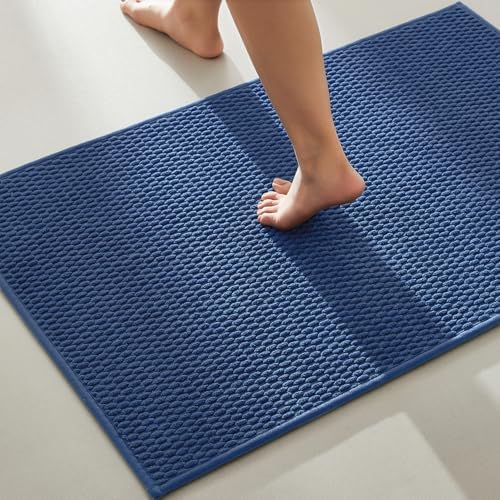 TYUU Bathroom Rugs Non Slip Washable, Super Absorbent Thin Bath Mat Quick Dry Low Pile Bathroom Rug, Navy Blue 24"x36"