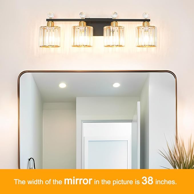 Modern Balck and Gold Crystal Bathroom Vanity Light, 4-Lights Bathroom Light Fixtures, Vanity Light Fixtures Over Mirror, Glass Wall Sconce Light for Bedroom, Kitchen, Living Room, Gallery, E26 Base