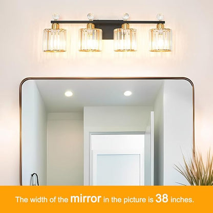 Modern Balck and Gold Crystal Bathroom Vanity Light, 4-Lights Bathroom Light Fixtures, Vanity Light Fixtures Over Mirror, Glass Wall Sconce Light for Bedroom, Kitchen, Living Room, Gallery, E26 Base