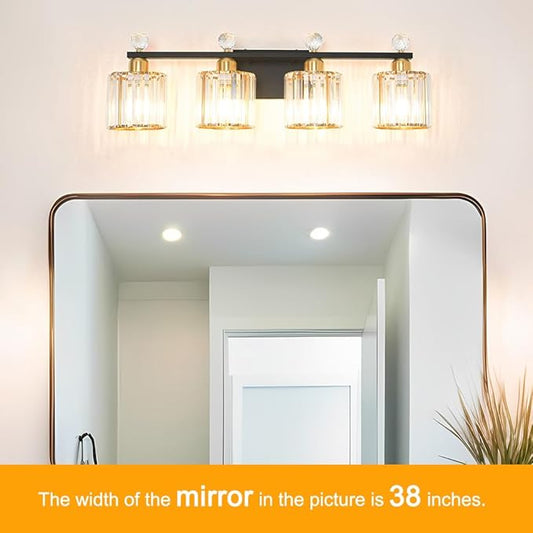 Modern Balck and Gold Crystal Bathroom Vanity Light, 4-Lights Bathroom Light Fixtures, Vanity Light Fixtures Over Mirror, Glass Wall Sconce Light for Bedroom, Kitchen, Living Room, Gallery, E26 Base