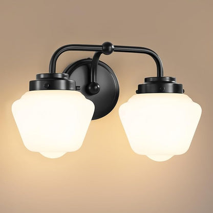 Bathroom Vanity Light Fixtures: 2-Light Black Bathroom Lighting Fixtures Over Mirror with Milky White Frosted Glass Shade, Farmhouse Modern Wall Light for Bath