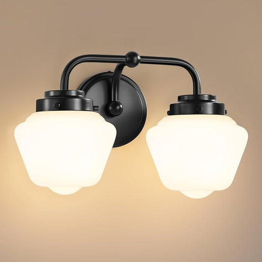 Bathroom Vanity Light Fixtures: 2-Light Black Bathroom Lighting Fixtures Over Mirror with Milky White Frosted Glass Shade, Farmhouse Modern Wall Light for Bath