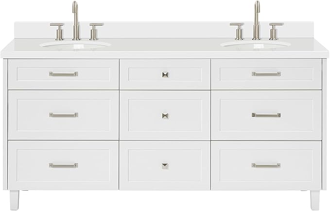 ARIEL Monroe 72-inch Bathroom Vanity with Sink,Solid Wood, 1.5-inch Pure White Quartz Countertop & Backsplash, Double Rectangular Porcelain Sink, 9 Dovetail Drawers, Brushed Nickel, White