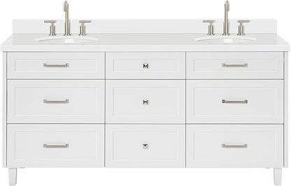 ARIEL Monroe 72-inch Bathroom Vanity with Sink,Solid Wood, 1.5-inch Pure White Quartz Countertop & Backsplash, Double Rectangular Porcelain Sink, 9 Dovetail Drawers, Brushed Nickel, White