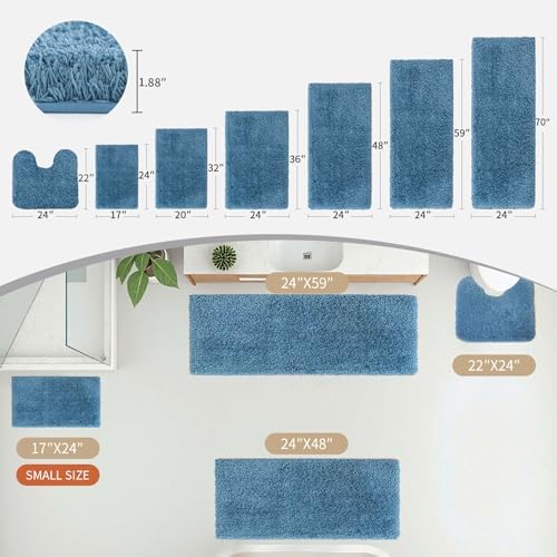 Disolla Blue Bathrom Runner Rug 24x70 - Extra Large Soft Plush Bath Mat, Thick Long Non-Slip Shaggy Floor Mat, Ultra-Absorbent for Master Bathroom Vanity