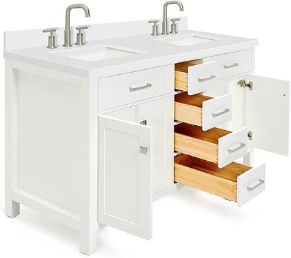 ARIEL Bristol 60-inch Bathroom Vanity with Sink,Solid Wood, 1.5-inch Pure White Quartz Countertop & Backsplash, Double Rectangular Porcelain Sink, 4 Soft Closing Doors, 3 Dovetail Drawers, White