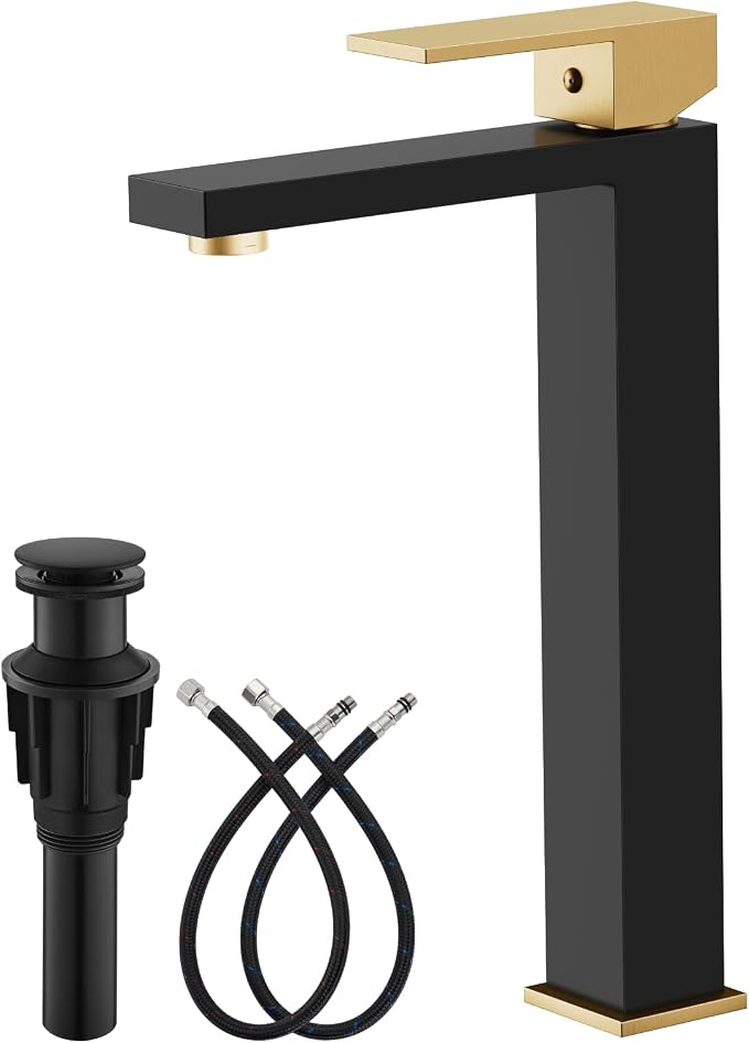 gotonovo Bathroom Vessel Sink Faucet with Pop Up Drain, Black&Gold | Tall Bathroom Faucet 1 Hole Single Handle, Modern Square Body, cUPC Water Supply Line, SUS304, for Basin Vanity Restroom Rv