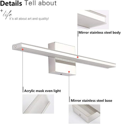 LED Vanity Light Bar 20 Inch Bathroom Light Fixtures 12W Over Mirror Lighting Chrome Vanity Lights Fixtures Modern Bathrooms Lamps Acrylic Bath Wall Light Fixtures