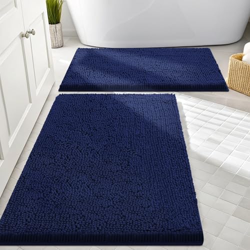 Smiry Chenille Bathroom Rugs Sets 2 Piece (30x20+24x16, Navy Blue)