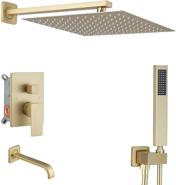 Brushed Gold Rain Shower System Tub Shower Faucet Set 12 Inch Square Rainfall Shower Head with Handheld Sprayer and Tub Spout Rough-in Valve Shower Mixer Combo Kit