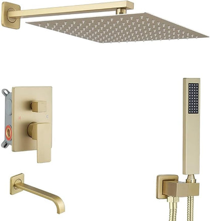 Brushed Gold Rain Shower System Tub Shower Faucet Set 12 Inch Square Rainfall Shower Head with Handheld Sprayer and Tub Spout Rough-in Valve Shower Mixer Combo Kit