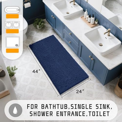 Yimobra Long Bathroom Rugs 44"x24", Extra Soft Non Slip Bath Mat for Tub, Super Absorbent Quick Dry Shaggy Rug Floor Carpet, Machine Washable,Navy Blue