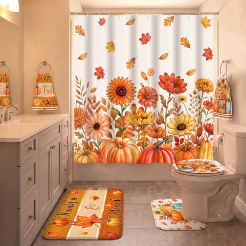 Honoson 8 Pcs Fall Shower Curtain Set, Autumn Thanksgiving Bathroom Set