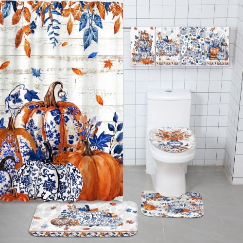 FuWeave 8 Pcs Fall Pumpkin Shower Curtain Set for Bathroom Decor Include Blue and White Chinoiserie Autumn Shower Curtain Harvest Floral Towels Non Slip Rugs Toilet Lid Cover Bath Mat and 12 Hooks