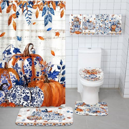 FuWeave 8 Pcs Fall Pumpkin Shower Curtain Set for Bathroom Decor Include Blue and White Chinoiserie Autumn Shower Curtain Harvest Floral Towels Non Slip Rugs Toilet Lid Cover Bath Mat and 12 Hooks