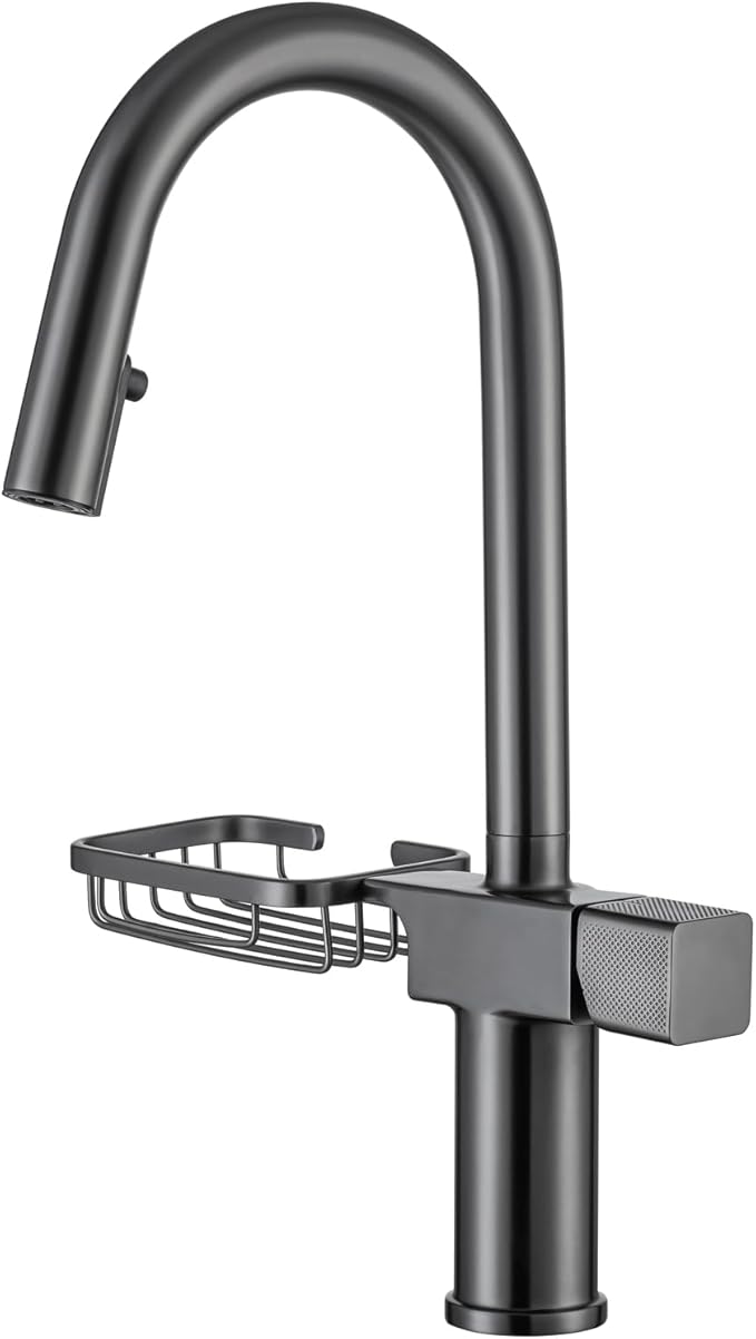 JRUIA Gold Extendable Bathroom Faucet, 360° Swivel Brass Faucet, Kitchen and Sink Mixer Tap, Modern Faucet with Soap Holder,Grey