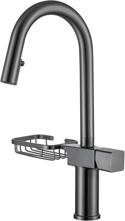 JRUIA Gold Extendable Bathroom Faucet, 360° Swivel Brass Faucet, Kitchen and Sink Mixer Tap, Modern Faucet with Soap Holder,Grey