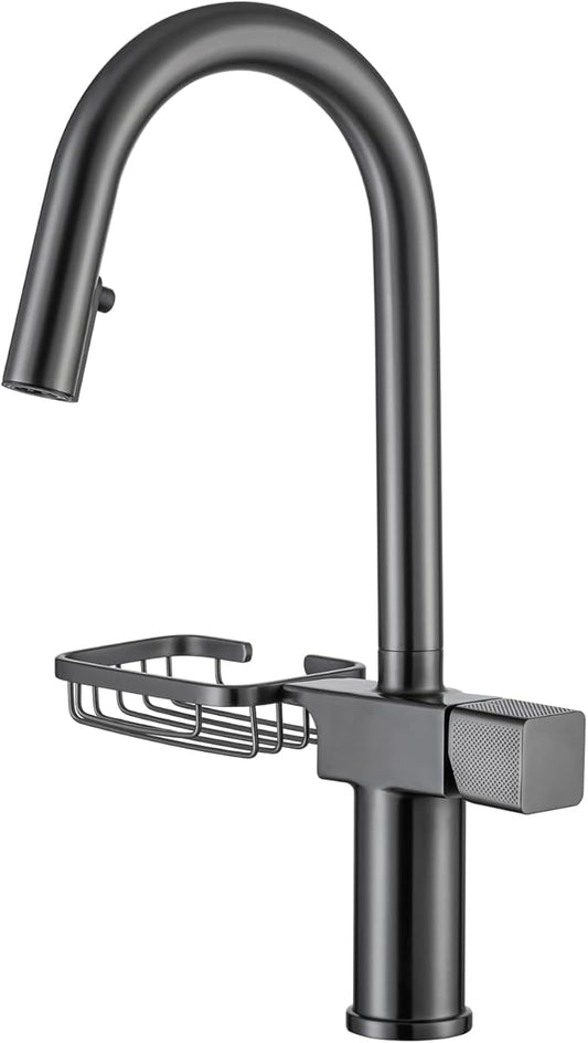 JRUIA Gold Extendable Bathroom Faucet, 360° Swivel Brass Faucet, Kitchen and Sink Mixer Tap, Modern Faucet with Soap Holder,Grey