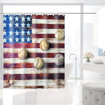 Vintage Wood American Flag Baseball Shower Curtain with Hooks 72 x 72 Inch