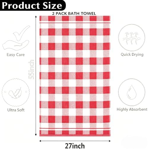 2 Pack Microfiber Bath Towels, 27×55 Inches Large Soft Quick Dry Shower Towels, Lightweight Absorbent Plaid Checkered Bath Towel Set for Bathroom, Travel, Pool, Gym, Home Use