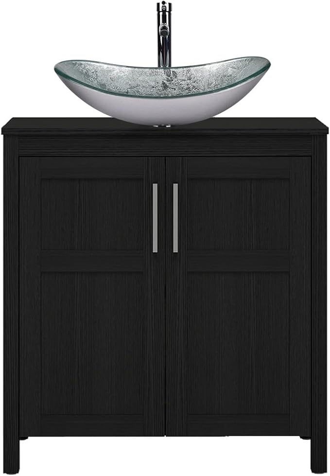 YOURLITE 30" Bathroom Vanity with Sink, Black Bathroom Vanity and Sink Combo with Faucet & Pop Up Drain Set,Traditional Vanity with Blue Glass Boat Bathroom Sink