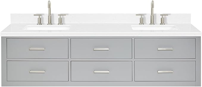 ARIEL Hutton 72-inch Bathroom Vanity with Sink,Solid Wood, 1.5-inch Carrara White Quartz Countertop & Backsplash, Double Rectangular Porcelain Sink, 3 Dovetail Drawers, Grey