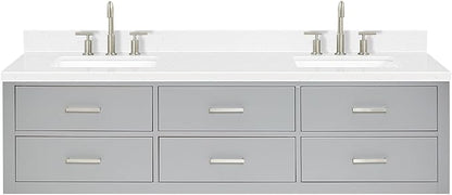 ARIEL Hutton 72-inch Bathroom Vanity with Sink,Solid Wood, 1.5-inch Carrara White Quartz Countertop & Backsplash, Double Rectangular Porcelain Sink, 3 Dovetail Drawers, Grey