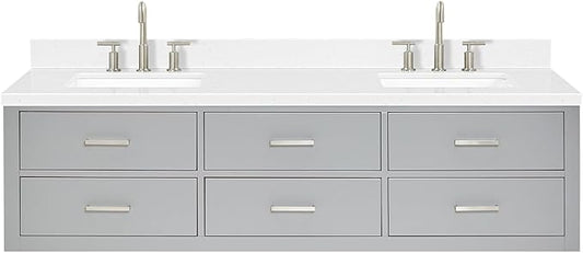 ARIEL Hutton 72-inch Bathroom Vanity with Sink,Solid Wood, 1.5-inch Carrara White Quartz Countertop & Backsplash, Double Rectangular Porcelain Sink, 3 Dovetail Drawers, Grey