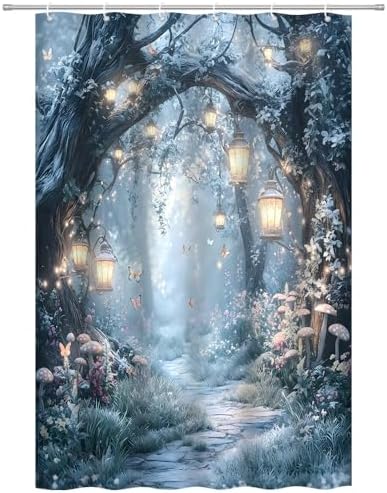Fantasy Forest Path Shower Curtain Winter Fairy Magical Enchanted Misty Jungle Mushroom Floral Tree Butterfly Lantern Wonderland Bath Curtain Fabric Bathroom Accessories Decor with Hooks 47W x70L